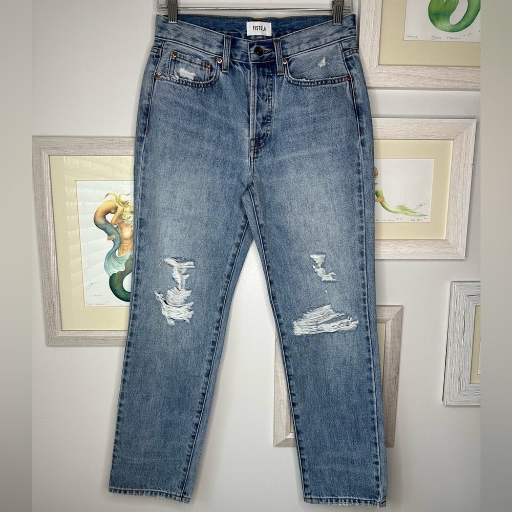 Pistola High Rise Straight Leg Distressed Button Fly Mom Blue Jeans Size 26